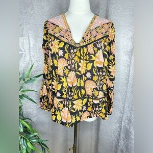 Rachel Zoe Black Floral V-Neck Embroidered Peasant Bohemian Blouse Sz XS